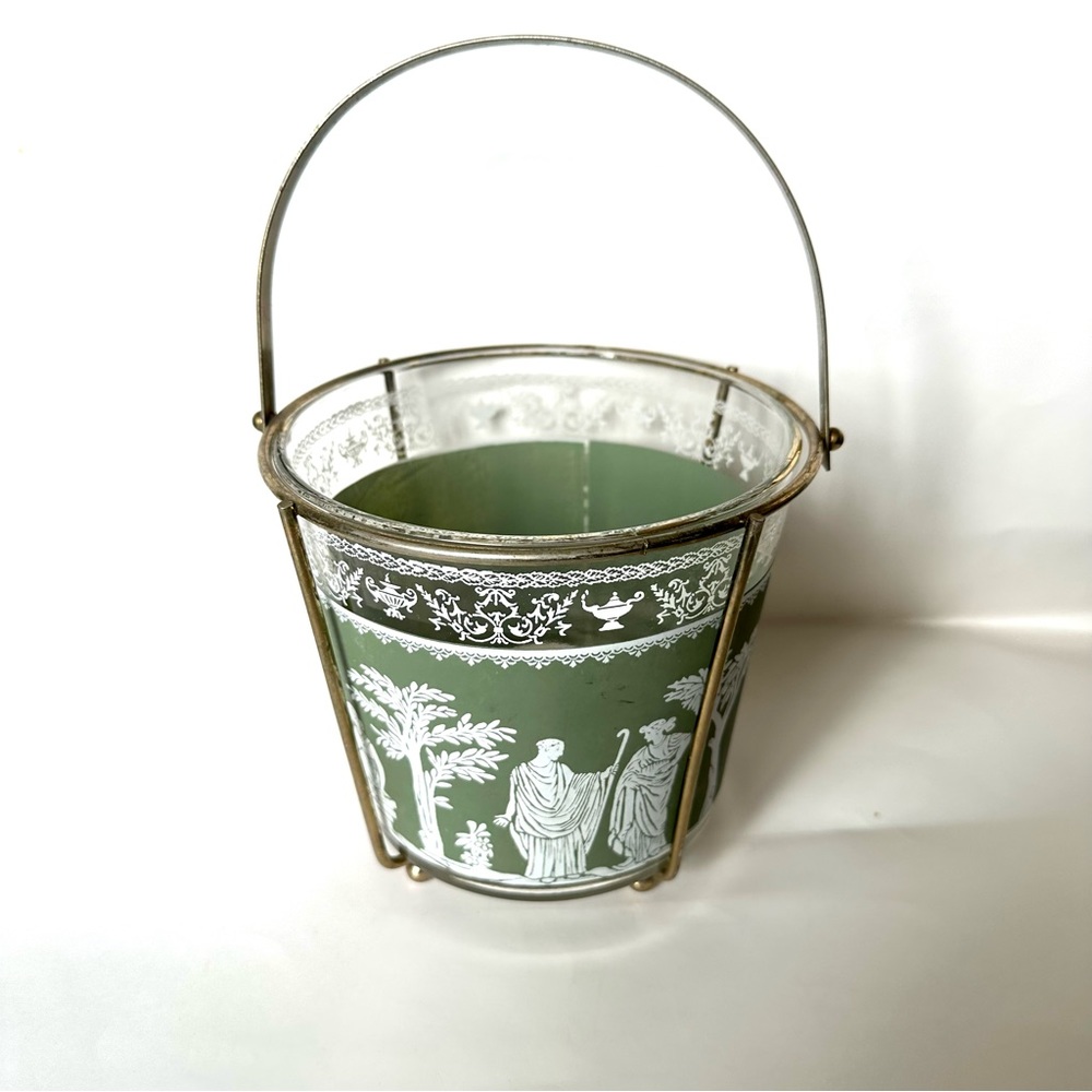 Vintage Jeanette Hellenic Green Ice Bucket With Metal Holder